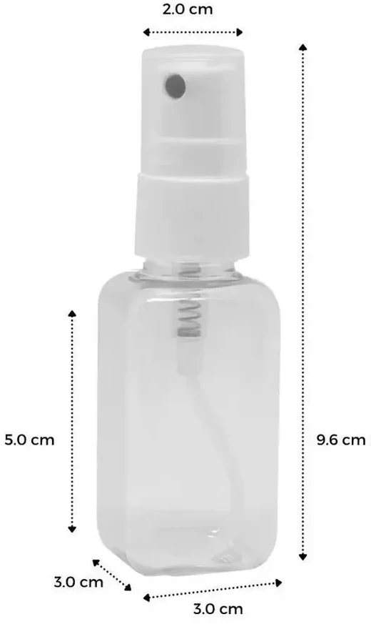 Frasco spray transparente com as medidas indicadas: 9,6 cm de altura com a tampa, 3 cm de base e 2 cm no topo.