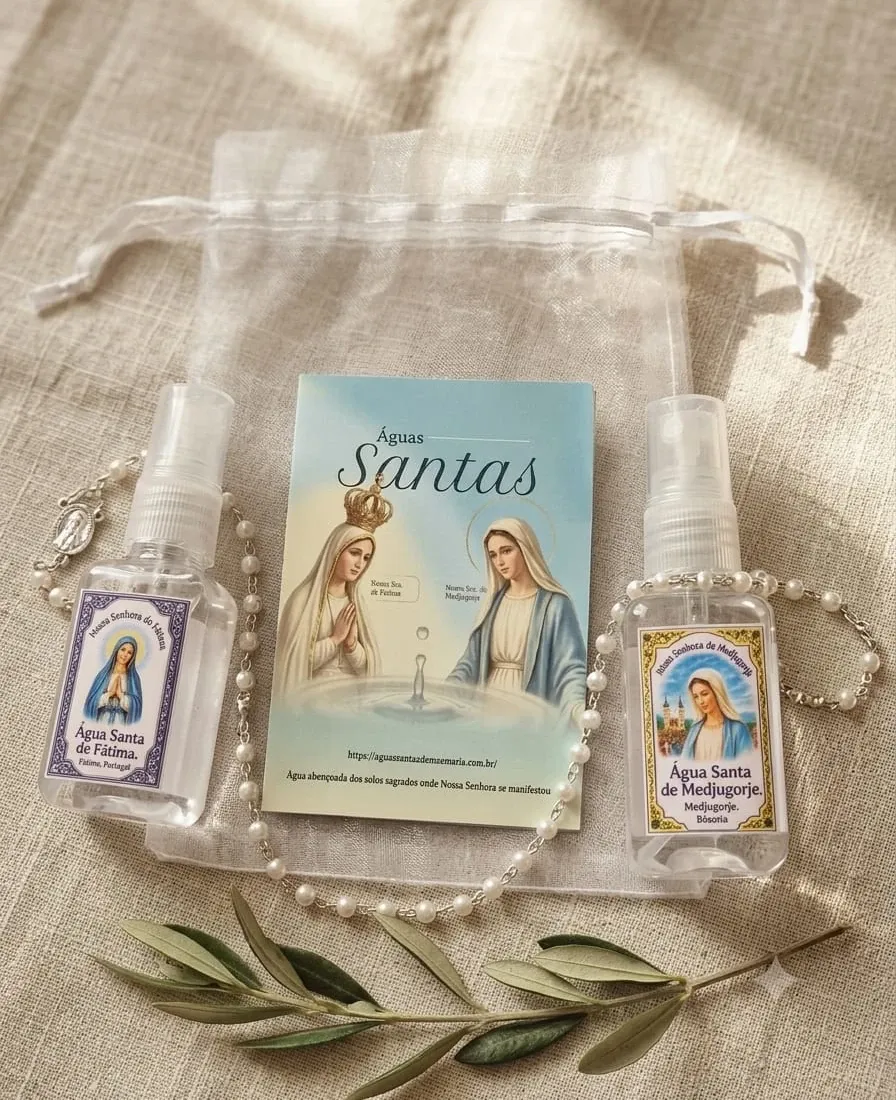 Kit de presente montado: o frasco com adesivo, o folder dobrado e o saquinho de organza.